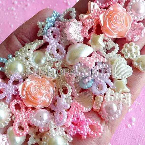 

1200pcs Assorted Pearlized Star Heart Ribbon Bow Flower Pearl Cabochon Mix (Pink, White, Blue, Purple 8mm to 20mm D25