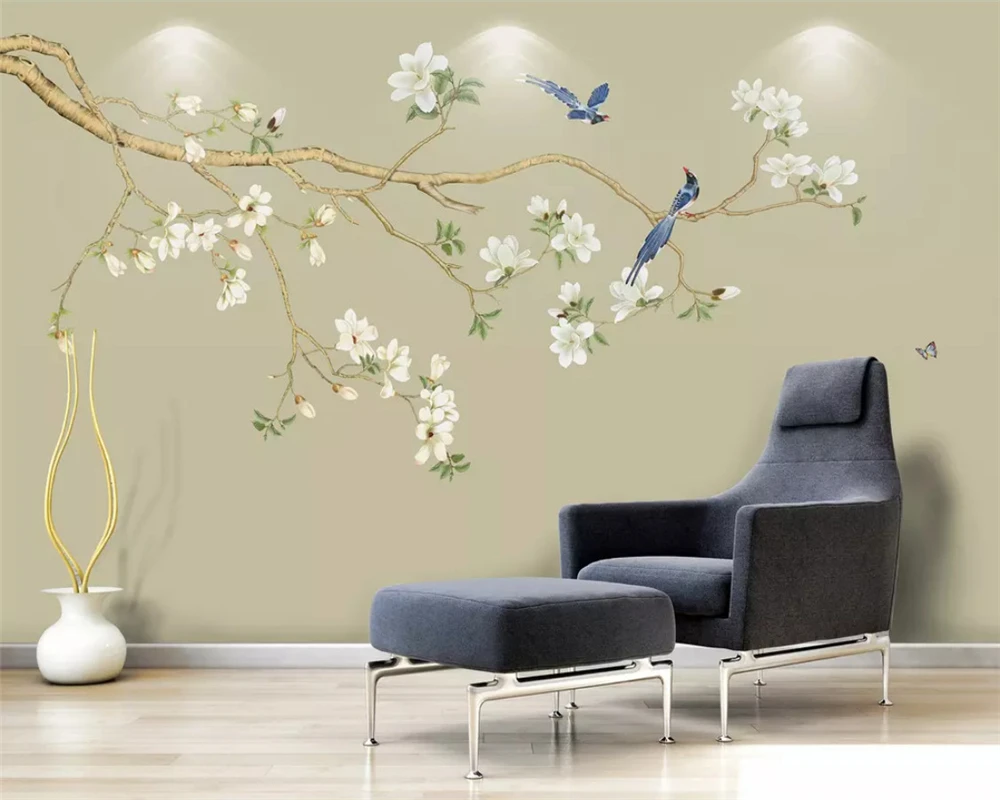 

beibehang papel de parede Custom magnolia hand-painted flowers and birds new Chinese decorative painting wallpaper papier peint