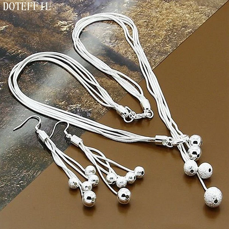 

DOTEFFIL 925 Sterling Silver Matte Smooth Five Bead Ball Snake Chain Necklace Earring Set For Woman Wedding Engagement Jewelry