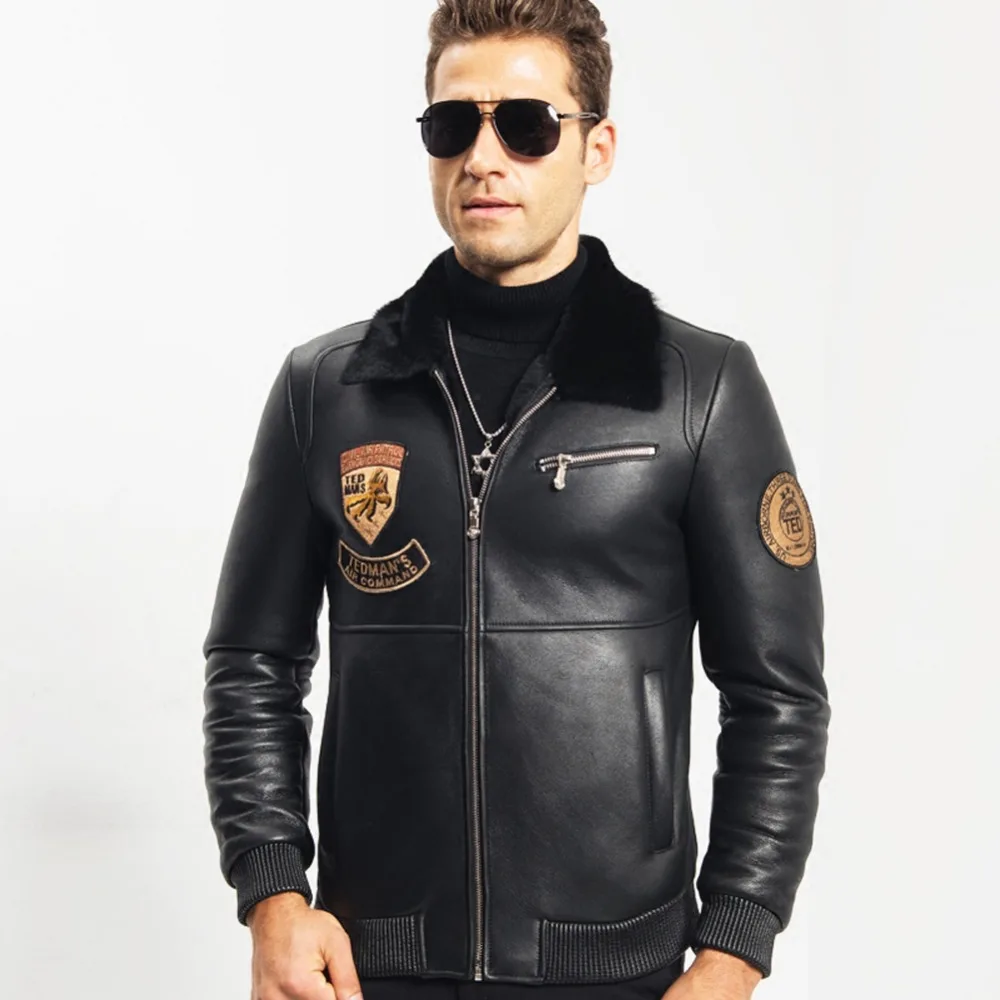 

Men Genuine Leather Motorcycle Jacket Short Lapel Shearling Coat Flight Fur Outerwear Slim Leather Jacket TJ8134