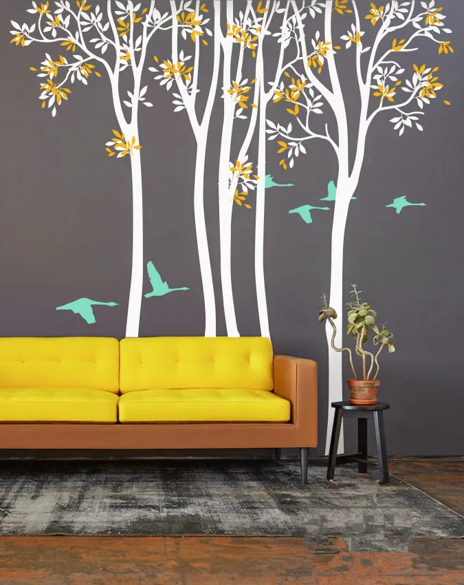 Set of 5 Large Tree Wall Decals Nursery Tree Wall Decals with Swalows High Quality Removable Vinyl Wall Art Decals Mural D975