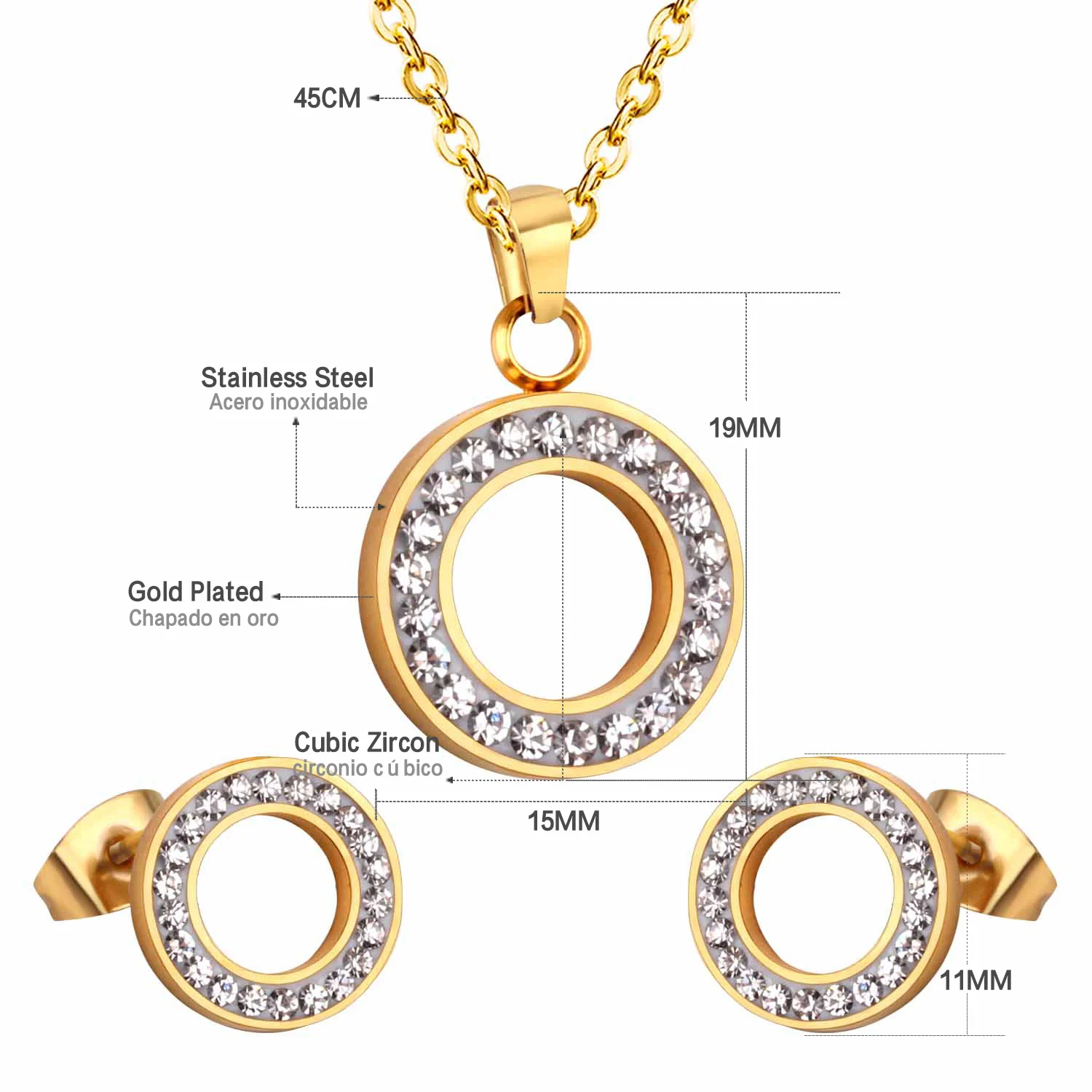 LUXUSTEEL set stainless steel Hollow Out Round Cubic Zirconia Pendant Necklace Earrings Brinco Female Bijoux Party Wholesale