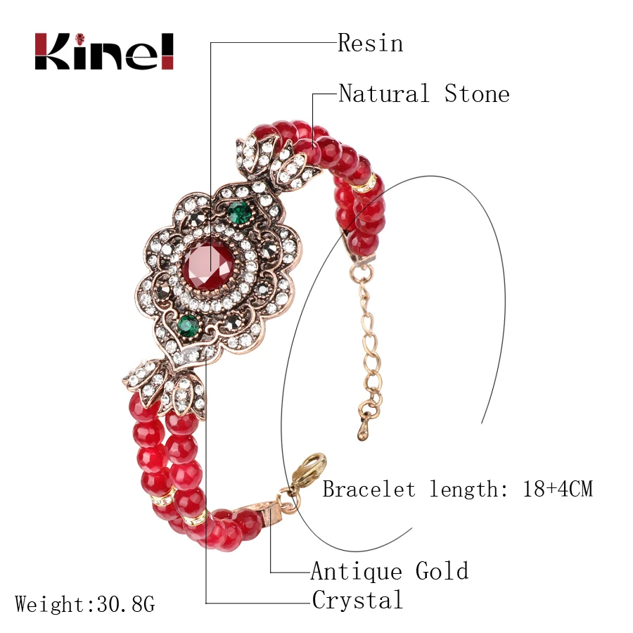 Kinel Boho Crystal Flower Couple Bracelet Jewelry Fashion Antique Gold Red Natural Stone Wedding Bracelet Bridal Party Gift Hot