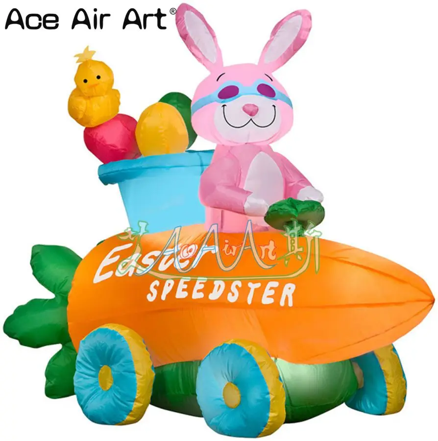 

Easter Combination Decoration Replica Model White Lighting Pink Color Inflatable Bunny with Inflatable Carrot Car and Eggs