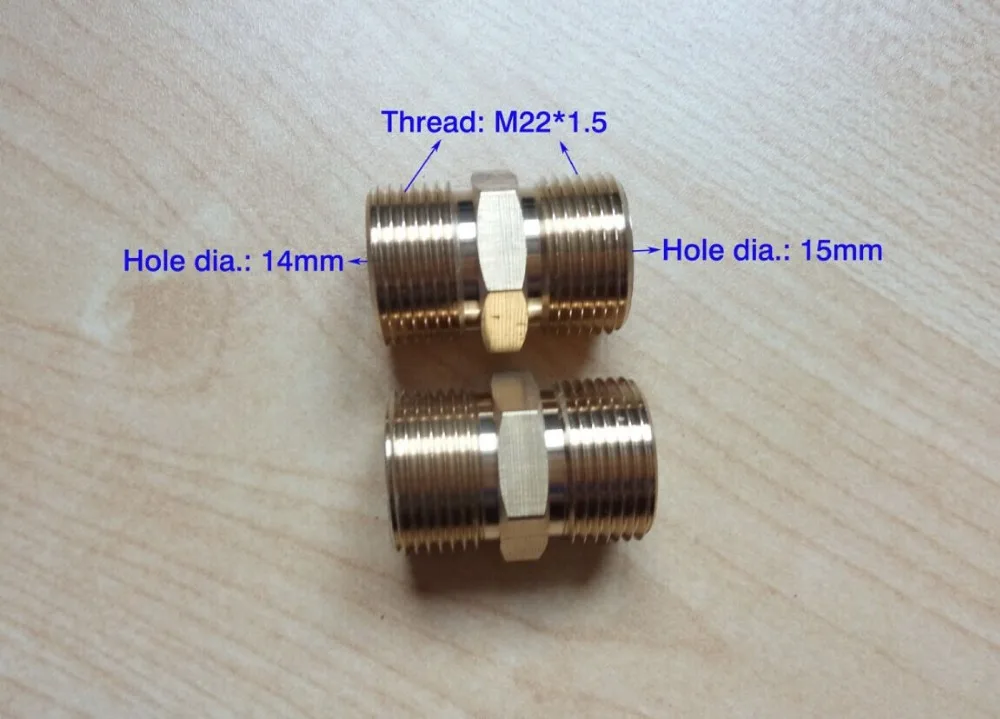 

100% copper car washer hose connector two ends thread M22*1.5, one end hole dia.14MM, another end hole dia.15mm