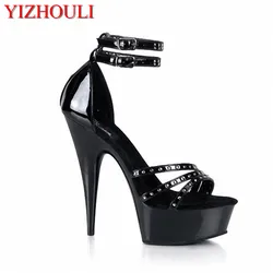 Lacquered waterproof stand 15 cm black vamp rivet decoration, sexy banquet sandals, dancing shoes