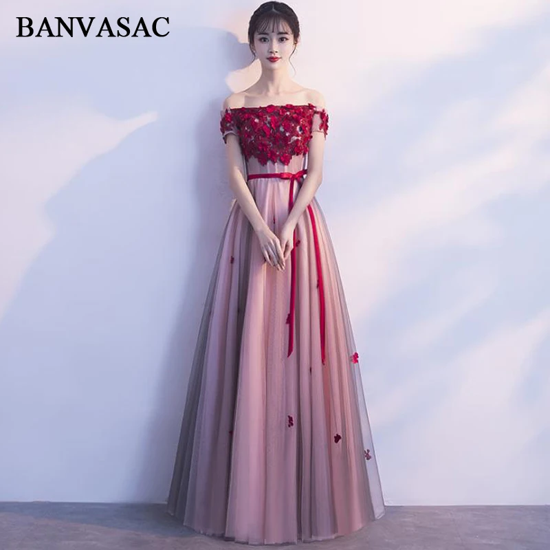 

BANVASAC Flowers Boat Neck Lace Appliques Long Evening Dresses Party A Line Bow Sash Short Sleeve Prom Gowns