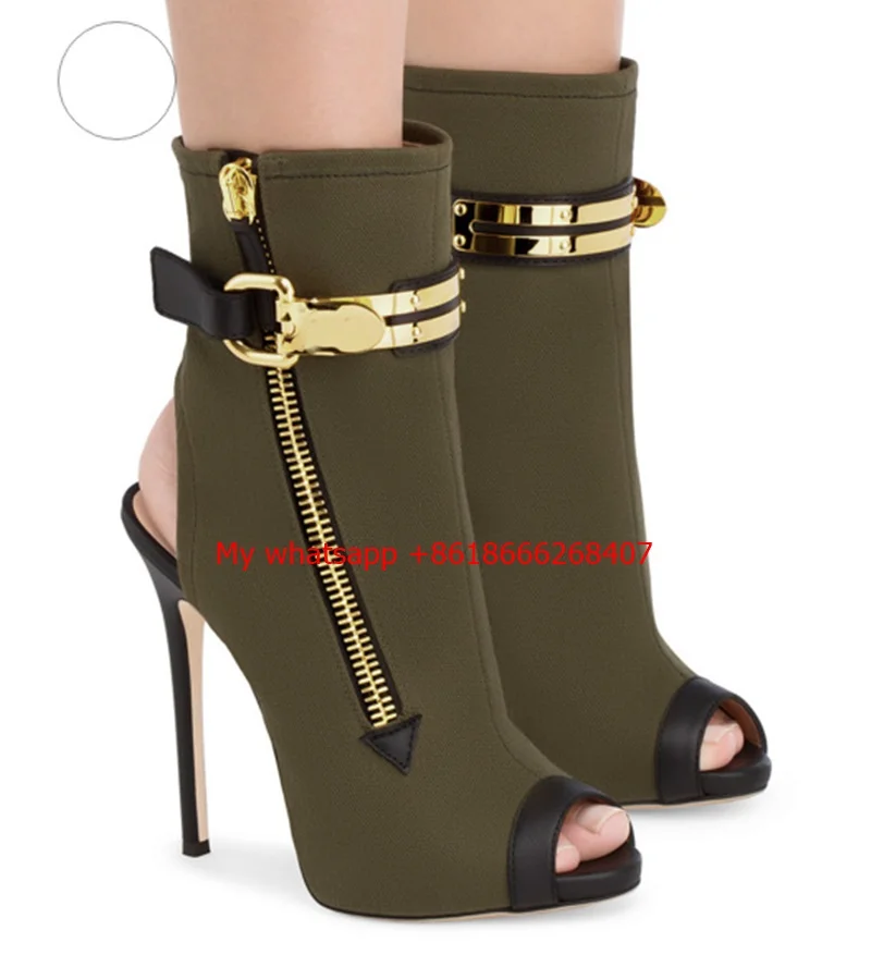 Army Green Gold Buckle Side Zipper High Heel Ankle Boots Women Open toe Fashion Gladiator Sandal Boot Womans