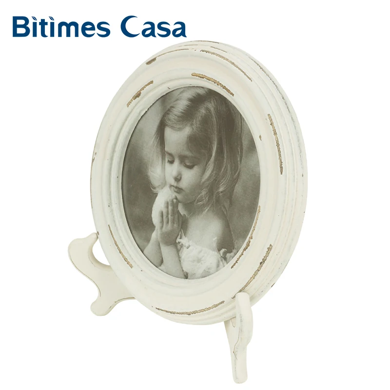 Bitimes Table Picture Photo Frame Classic Vintage Retro Wood MDF With Holder Round Shape Shabby-chic Home Decoration