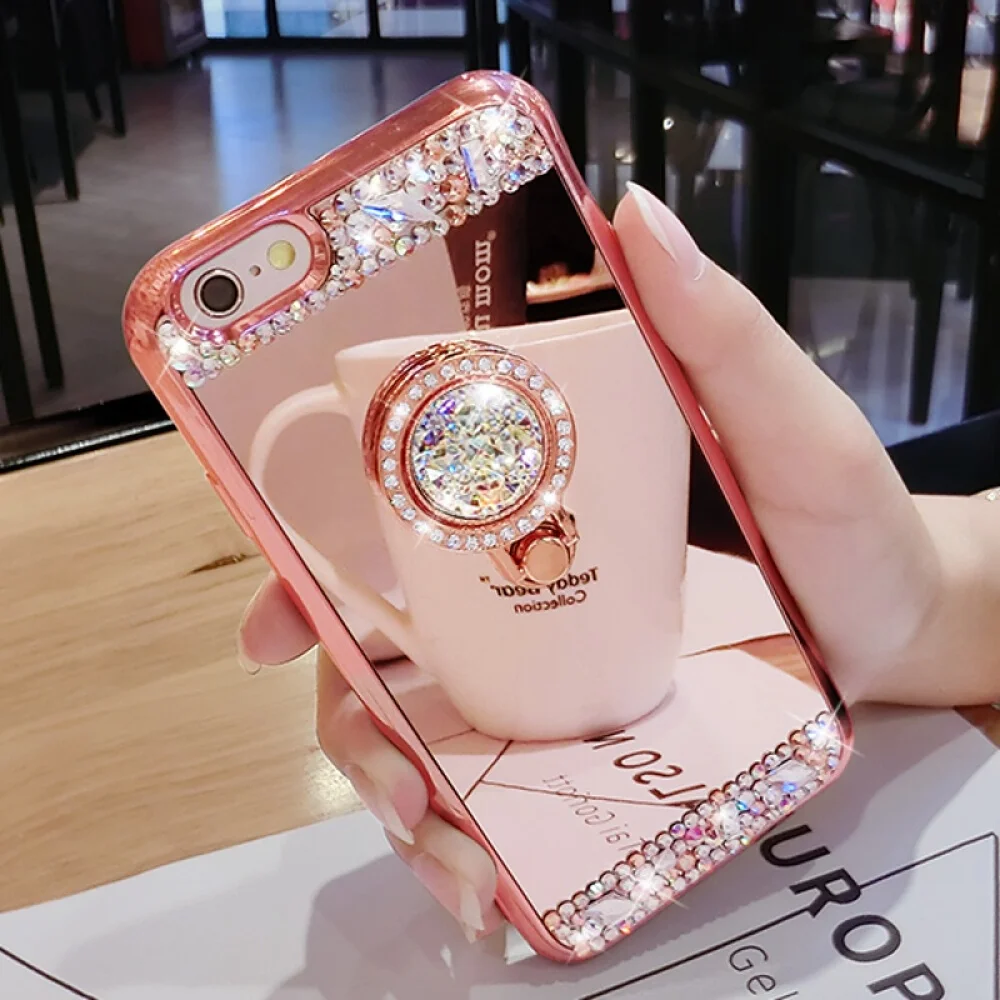 Diamond Soft TPU Crystal Rhinestone Glitter Mirror Ring Holder Stand Phone Case For Samsung S22 Plus S23 S21 FE S20 Ultra S10