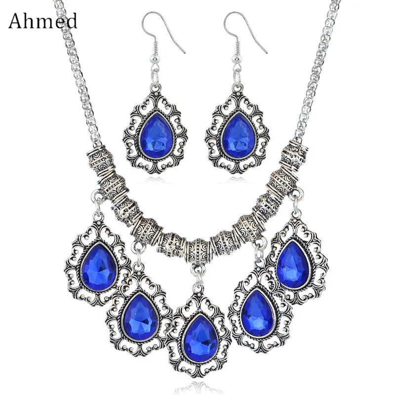 Ahmed Turkish Vintage Big Crystal Jewelry Sets For Women Statement Necklace Earring Set Water Drop Tassel Wedding Jewelry