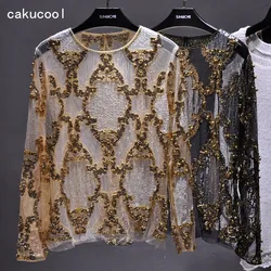 Cakucool Women Sequined Blouse Tops See-through Sexy O-neck Mesh Blusas Shirt Long Sleeve Floral Beading Lady Blouses Large 2xl