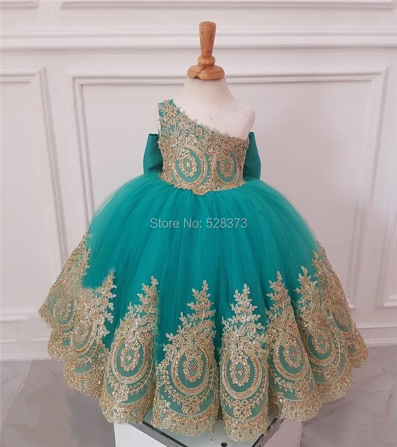 YNQNFS FG41 Real Pictures Tutu Floor Length Teal/Gold Two Color One Shoulder Party Dresses Kids Flower Girl Dresses