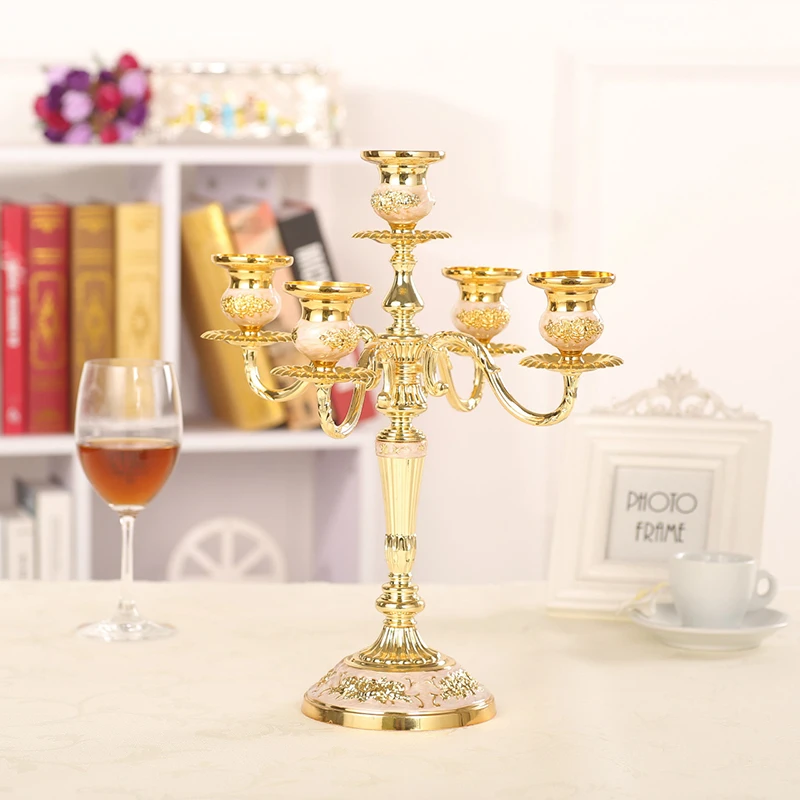 PEANDIM Wedding Gold Centerpiece 5-arms Gold Plated Candle Base Metal Candle Holders Candlestick Party Home Decorations