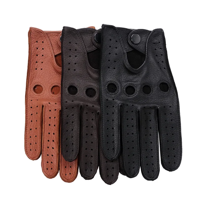 New Arrival luksusowe męskie skórzane rękawiczki rękawiczki dziura przycisk oddychające mężczyźni Deerskin oryginalne skórzane rękawice dla