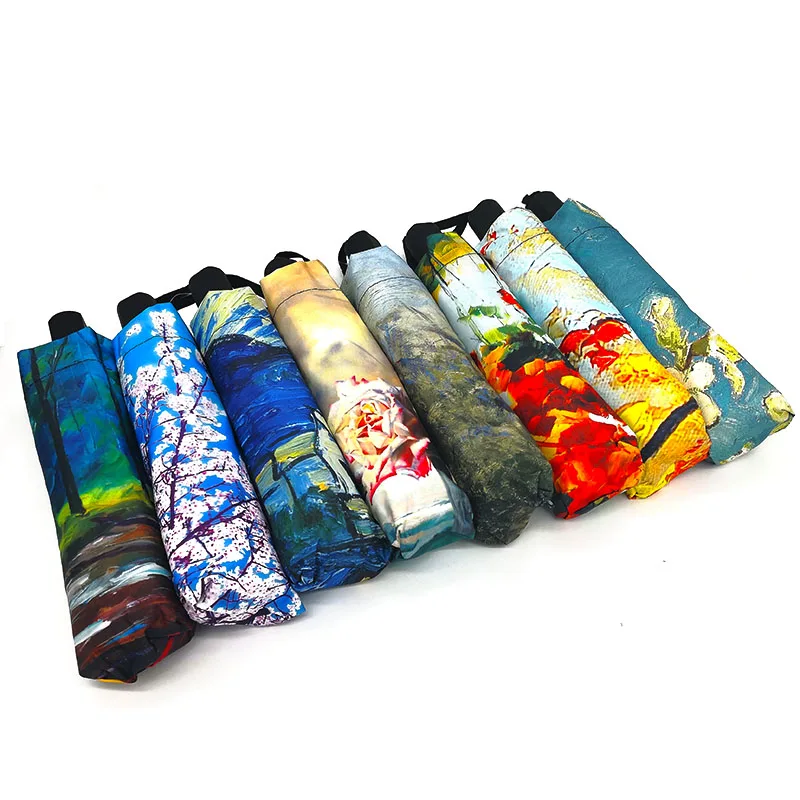 LIKE RAIN Folding Umbrella Female Van Gogh Painting Chinese Art Sakura Umbrellas Rain Women Windproof Anti-UV Sun Parasol YHS03