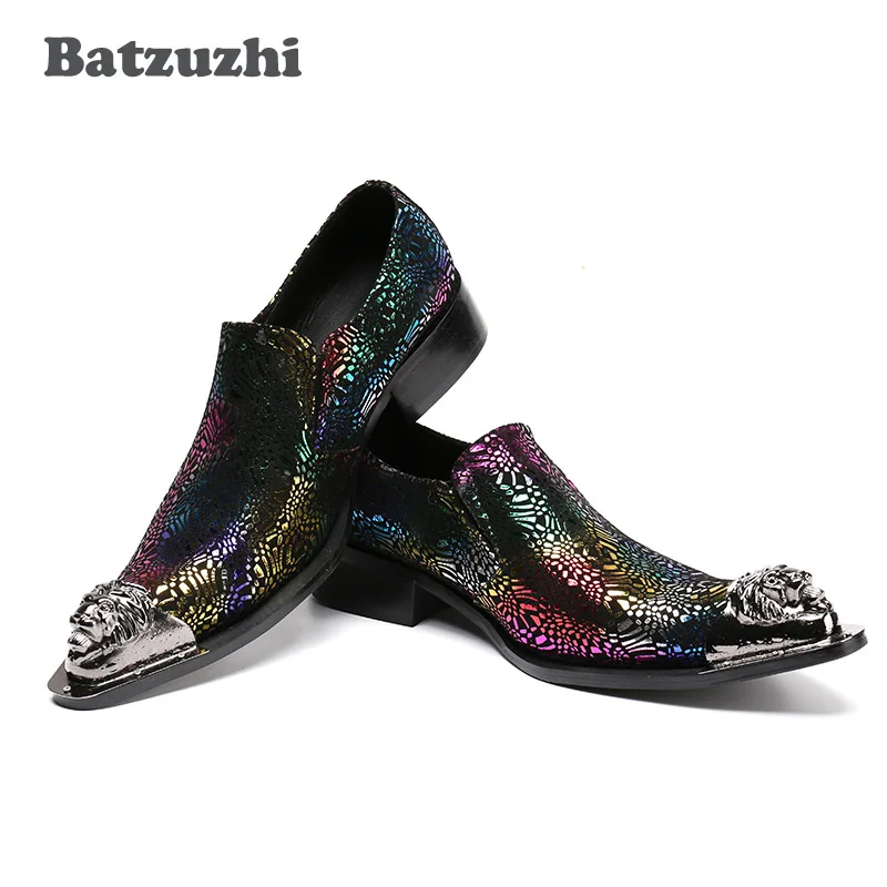 Batzuzhi Rock Men Shoes Colorful Genuine Leatther Dress Shoes Men Low Heels Iron Toe Super Star Party/ Stage Shoes Men, 38-46