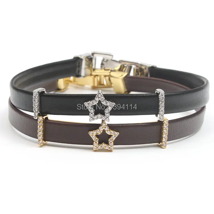 

Micro Pave Clear CZ Star Arc Tube Strand Bracelet Stringed Leather Cord Fold Over Clasp Approx 6-8 Inches