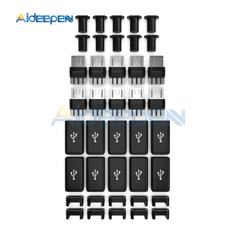 مجموعة موصل توصيل ذكور كابل USB صغير مع غطاء ، ملحقات كابل بيانات سهلة الاستخدام ، محطات سوداء صغيرة ، 50 في المجموعة