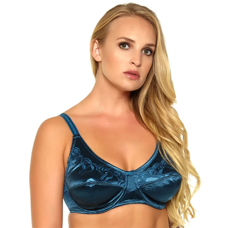 C-046 Women Bra Black/Green/Silver 3 Colours Satin Embroidery Unlined Push Up Cup Big Size 36 38 40 42 44 46 DD DDD E F Full Cup