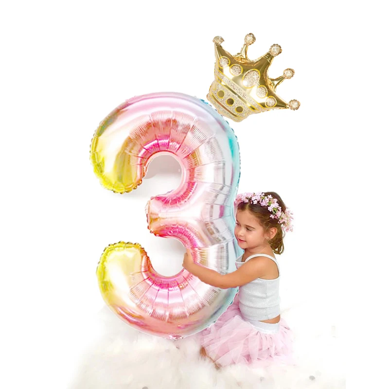 2pcs/lot 32inch Rainbow Number Foil Balloons with crown 0-9 Digit Air Ballon Kids Birthday Party Decoracao DIY supplies