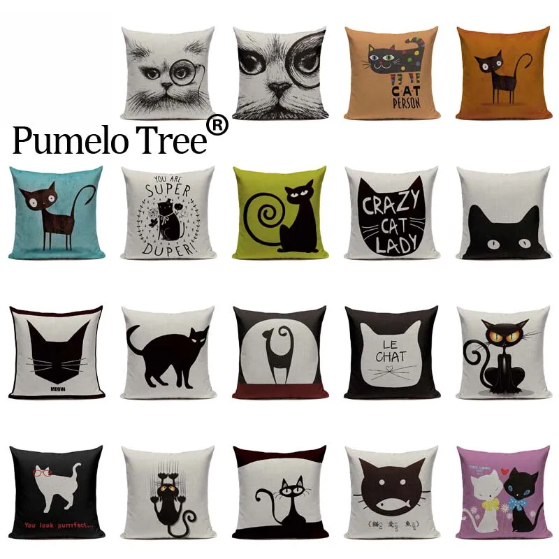 Nordic Decoration Design Linen Pillow Cover Black White Hand Painting Cat Eyes Cushion Cover Custom Home Couple Cute Pillow Case