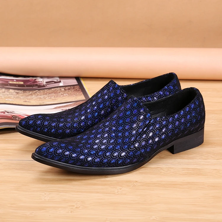 

British Style Blue Genuine Leather Breathable Velvet Slip On Loafers Flats Smoking Slippers Pointed Toe Mens Dress Wedding Shoes