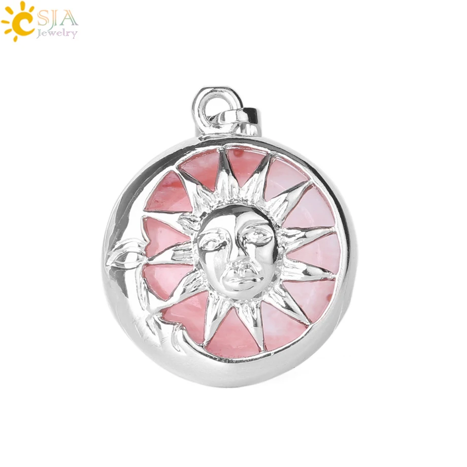 CSJA Moon Sun God Pendant for Necklace Amulets Silver Color Box Natural Stone Round Beads Crystal Quartz Women Men Jewelry F371