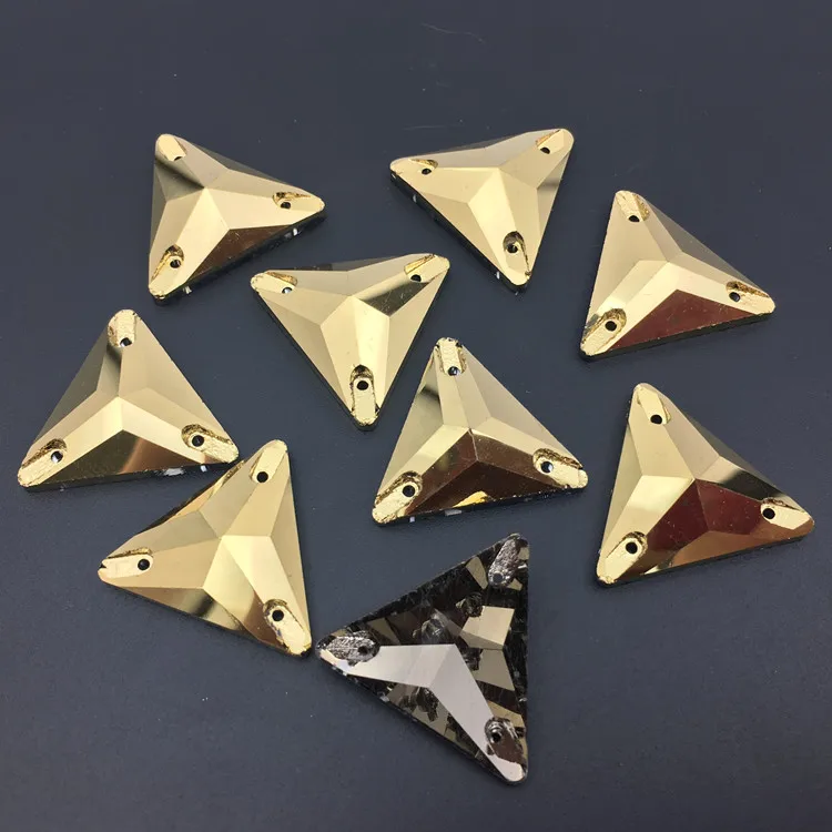 12 16 22 MM Triangle Flatback Sewing Rhinestone Gold Hematite Color Glass Crystal Sew-on Stone For costume Dress Clothes Crafts