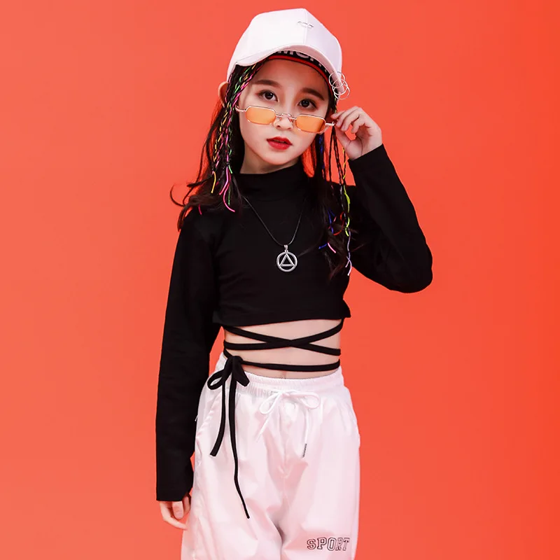 Ragazze Jazz Hip Hop costumi da ballo per bambini maglietta nera Crop top pantaloni Jogger sala da ballo spettacolo vestiti da ballo