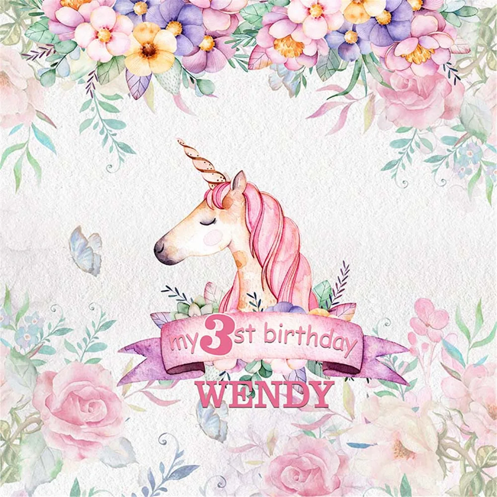 

Customized Unicorn Birthday Party Background Printed Pink Roses Flowers Baby Shower Props Princess Girl's Photo Studio Backdrops