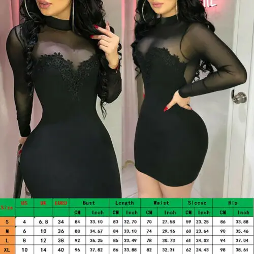 Summer Dresses 2019 New Summer Women Sexy Black Lace Long Sleeve Turtleneck See-Through Mesh Patchwork Short Skinny Dress