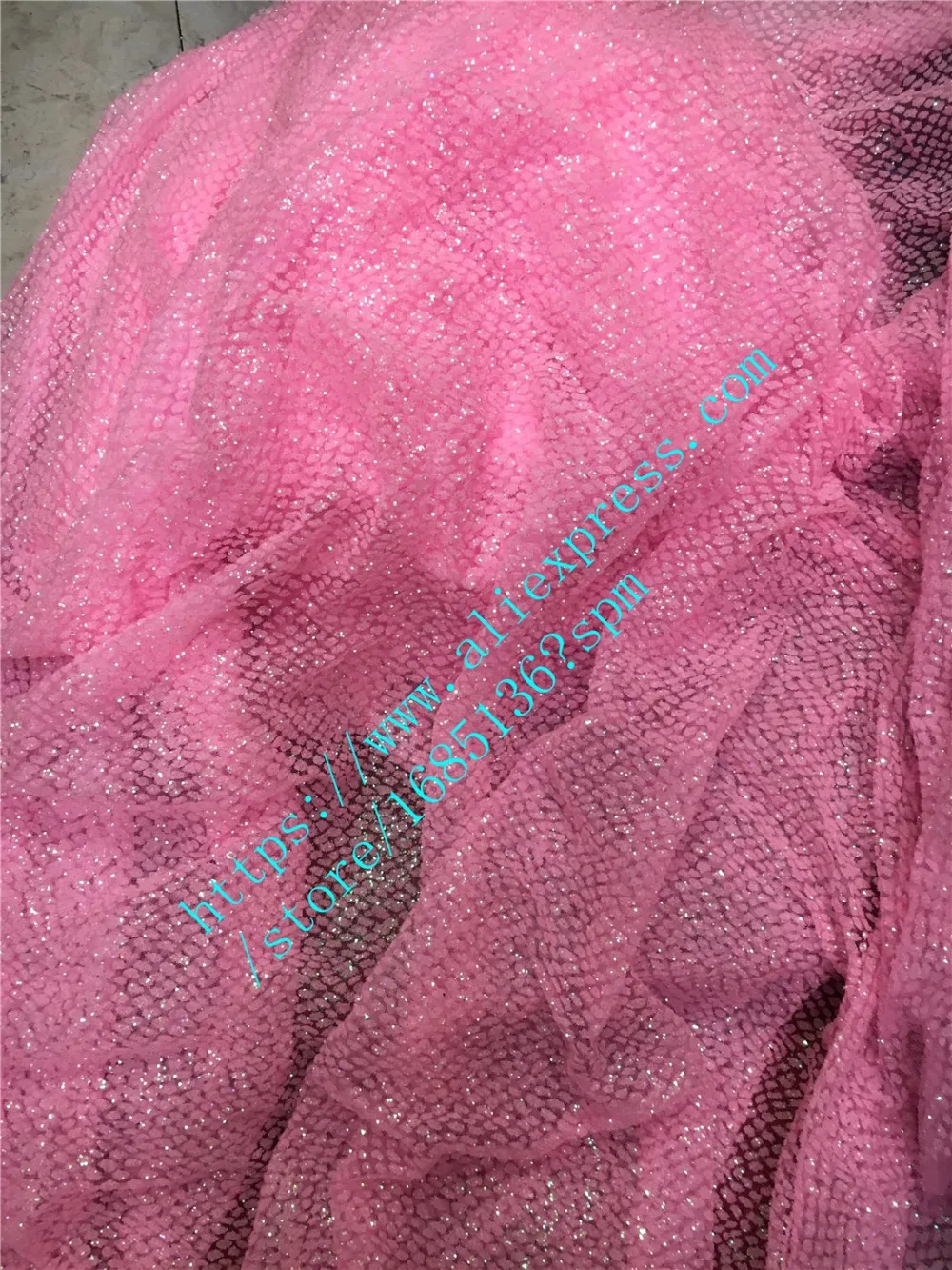 

H-45215 pink color french lace fabric with sequins glued glitter hot selling african tulle net lace fabric for evening dress