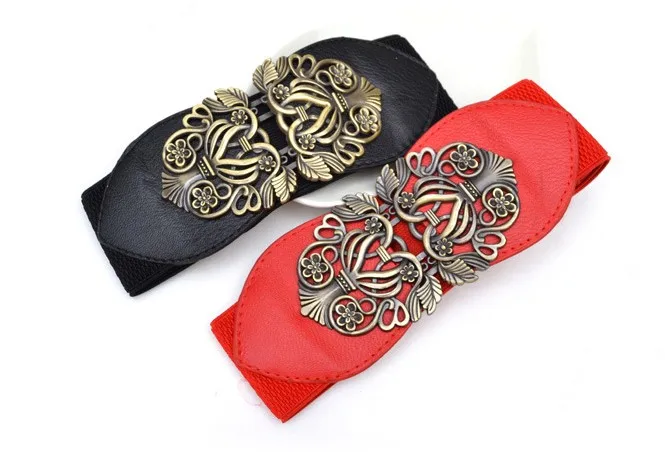 Fashion belt woman PU leather wide elastic waistbands HOT black belts for women dress decorate vintage flower buckle alloy gifts