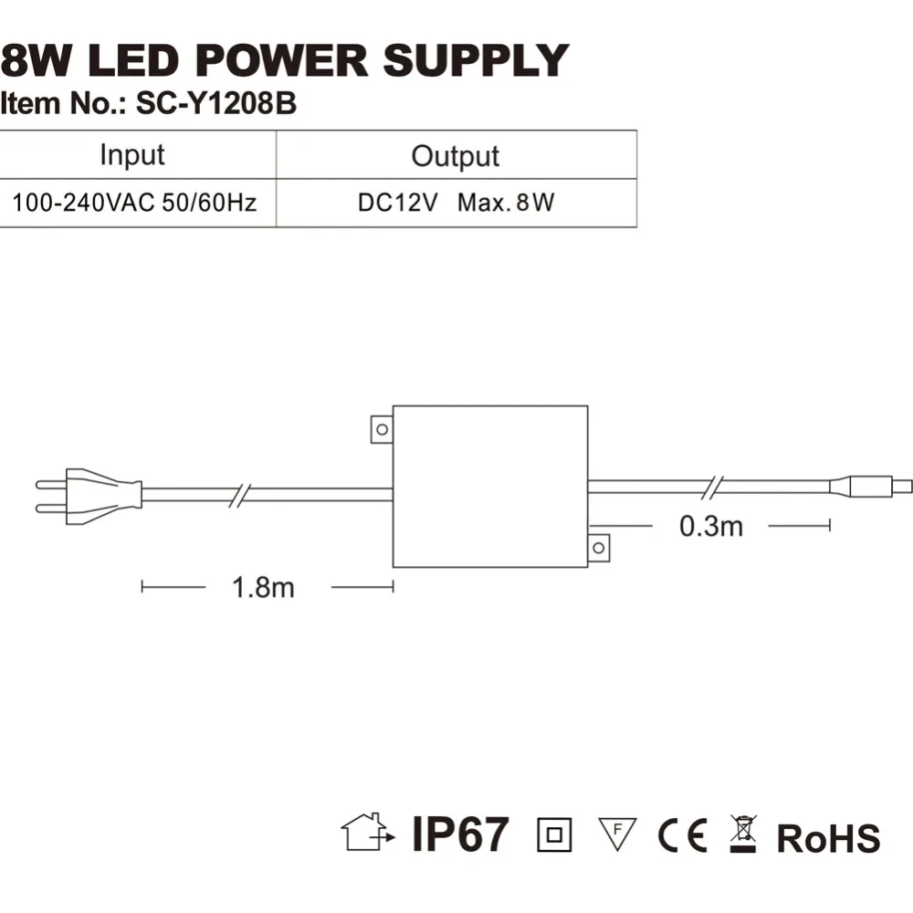 IP67 Impermeabile DC12V 8 W Trasformatore Driver Dell\'alimentazione elettrica per la Luce del LED All\'aperto o Al Coperto UE, STATI UNITI, REGNO