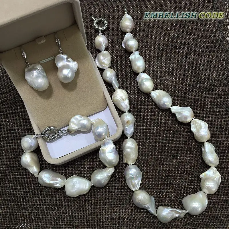 necklace bracelet hook earrings set large size baroque or Irregular white nucleated flameball shape Freshwater pearl Special