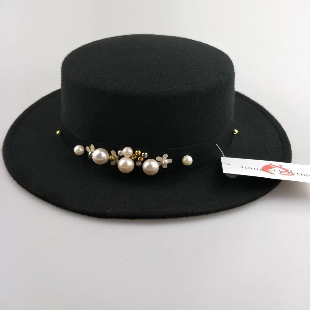 2017 new pearl chapeau femme Vintage fashionable black top felt fedora hat men sombrero bowler church trilby hats for women