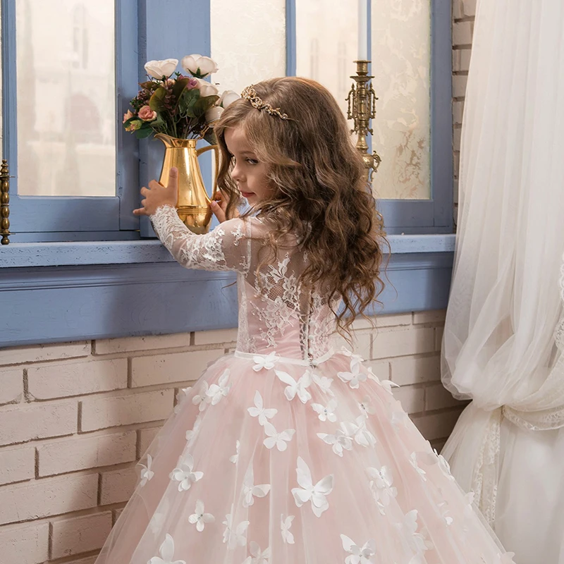 Vestidos De Primera Comunion 2025 Rosa Lange Ärmel Kinder Prinzessin Langes Partykleid Für Mädchen Kostüm Für 2 3 4 5 6 7 8 13 Jahre