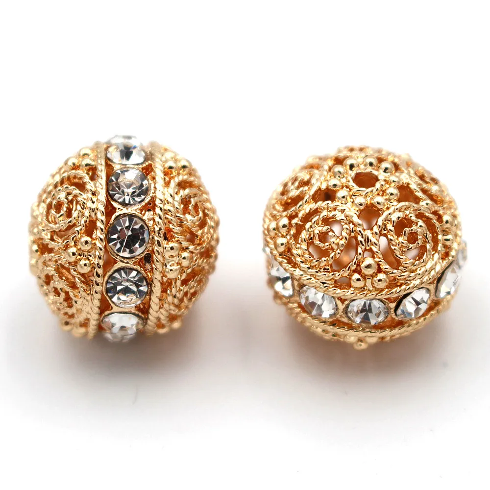 10pcs Bracelet Bead Round Ball Spacer Beads Gold Color Rhinestone Pave Filigree Charms DIY for African Women Men Jewelry Making