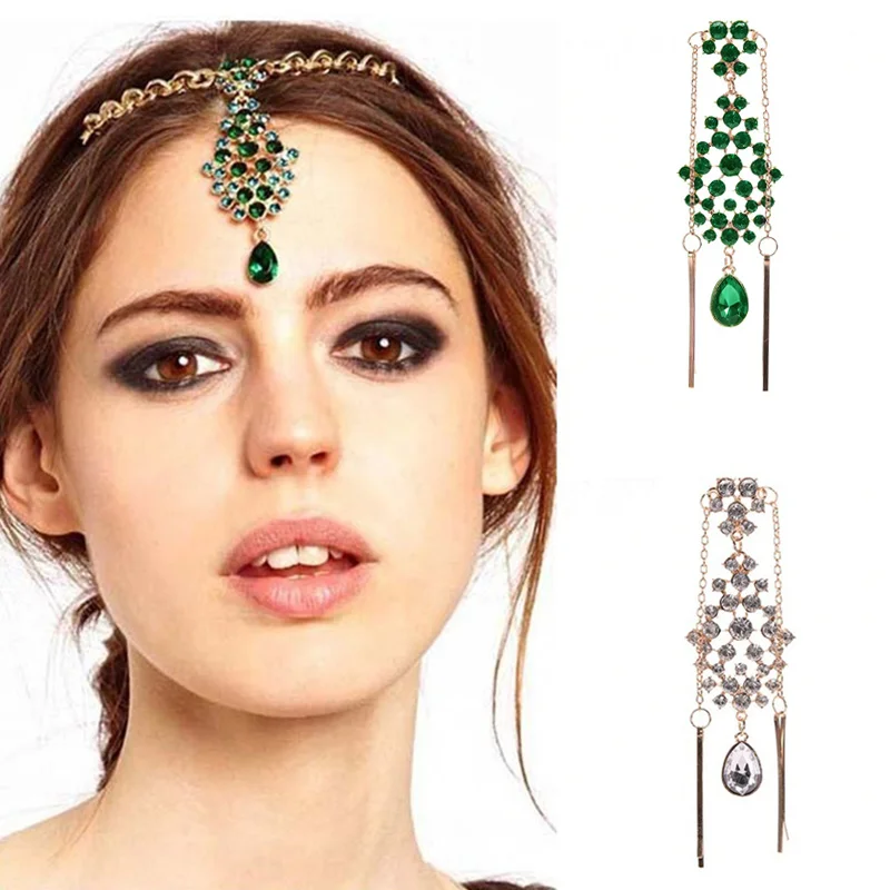 FORSEVEN Indian Head Jewelry Green/White Color Crystal Drop Forehead Hairpin Headpieces Headbands for Women Girl Bride Noiva