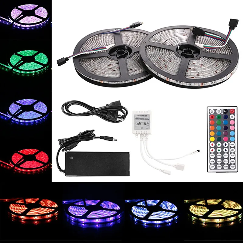 

2x5M 5050 SMD 600 - LEDs LED RGB Strip Lights Kits Waterproof IR Remote Controller DC 12V Power Adapter Full set