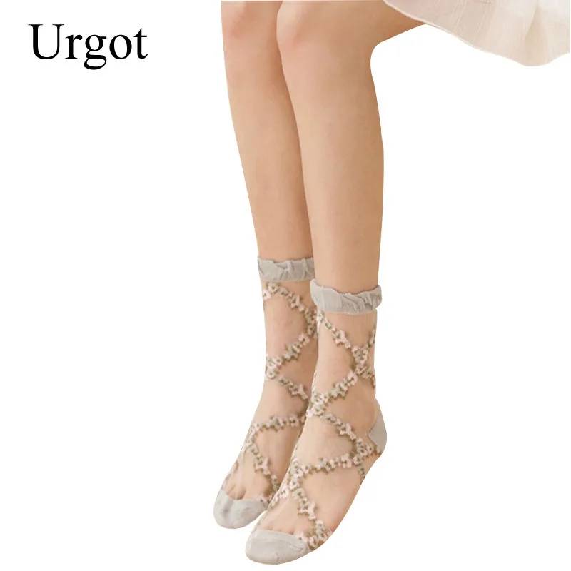 

Urgot 5 Pairs Women's Socks Breathable Ultra Thin Socks Summer Women Transparent Lace Silk Crystal Girls Elastic Female Meias