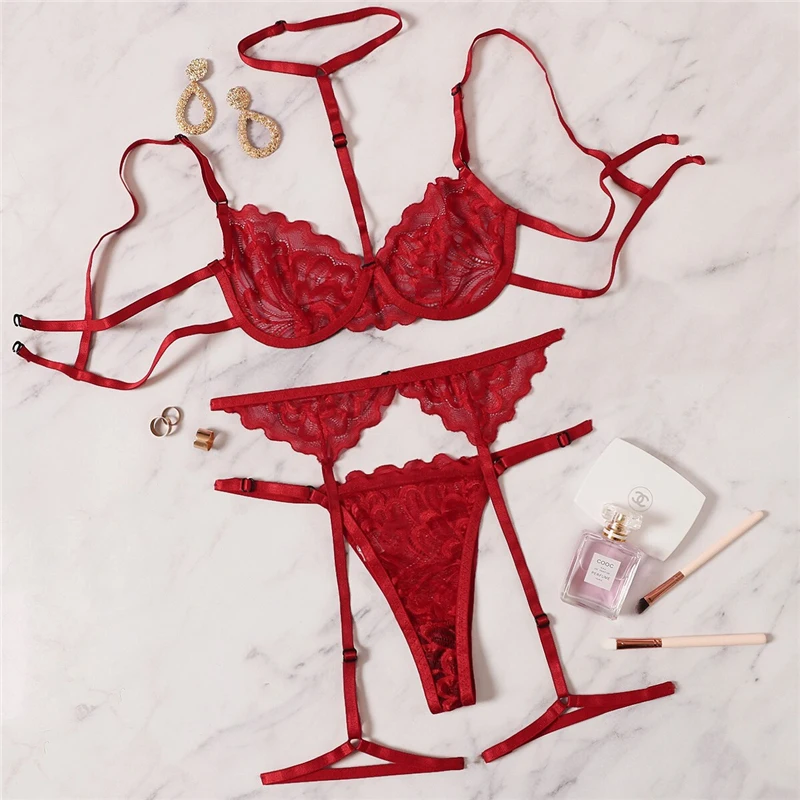 Aduloty Red Floral Lace Garter Lingerie Set With Choker Women Intimates 2022 Underwire Bra And Thongs Ladies Underwear Set