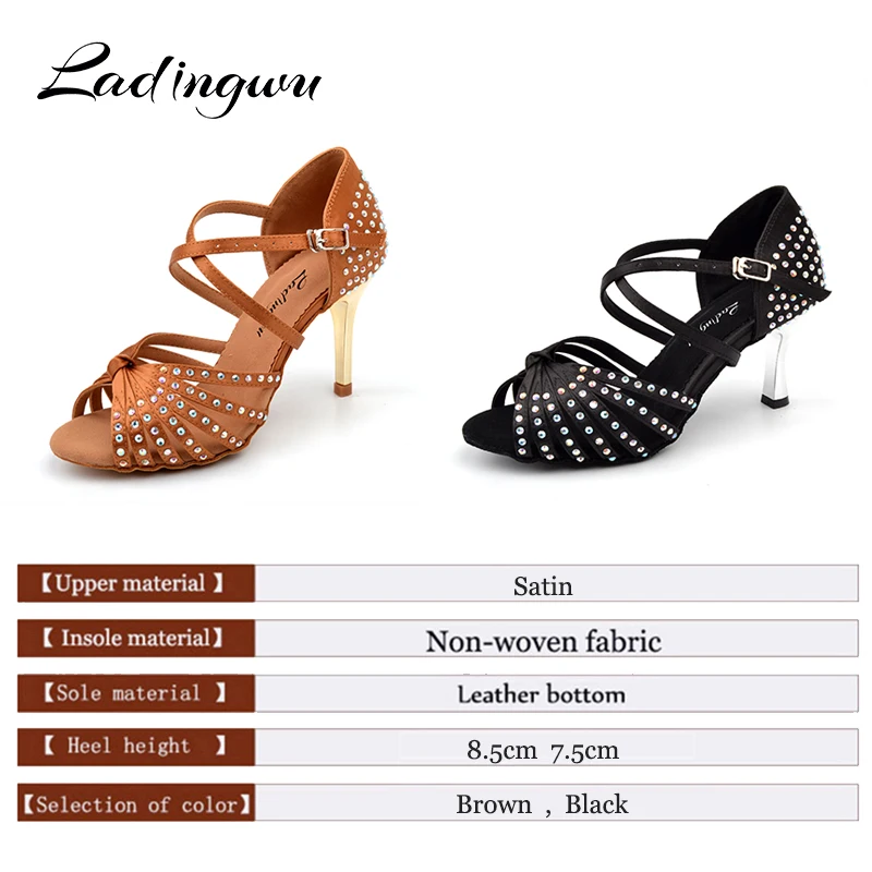 Ladingwu Dance Latin Shoes for Women Satin brown/Black Ballroom Dancing Shoes for Girls Glitter Rhinestone Boutique Heel 7.5/8.5