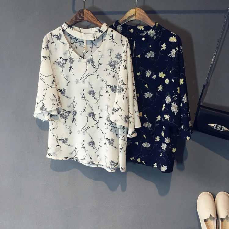 Camisas elegantes de gasa para mujer, blusa de media manga con cuello en V, blusa estampada a la moda, novedad de verano 2020