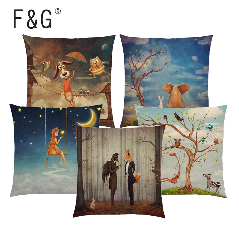 Mysterious Imagination Animal Cushion Cover Forest Child Magical Cloud Sky Moon Star Dream Fairy Tale Sofa Throw Pillowcase