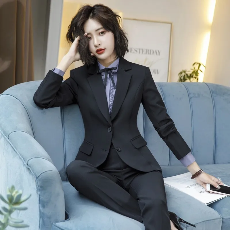 Novelty Grey Formal Uniform Designs Women Business Suits With Pants and Jackets Coat Ladies Office Work Wear Pantsuits Blazers