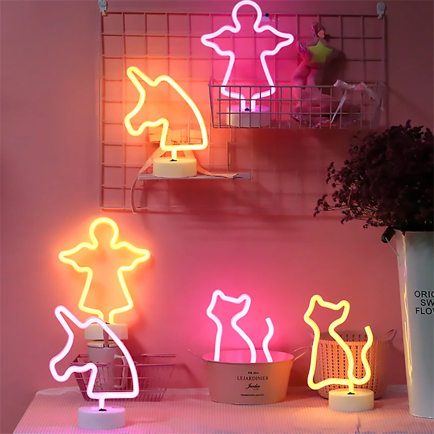 Korean Modern Table Lamps Neon Bedroom Furnished with Love Unicorn Decorative Lanterns Christmas Tree Personality Table Lights