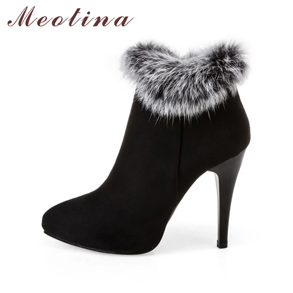 Meotina Shoes Women High Heels Ankle Boots Winter Boots Fur Platform High Heels Ladies Boots Zip White Purple Big Size 11 44 45