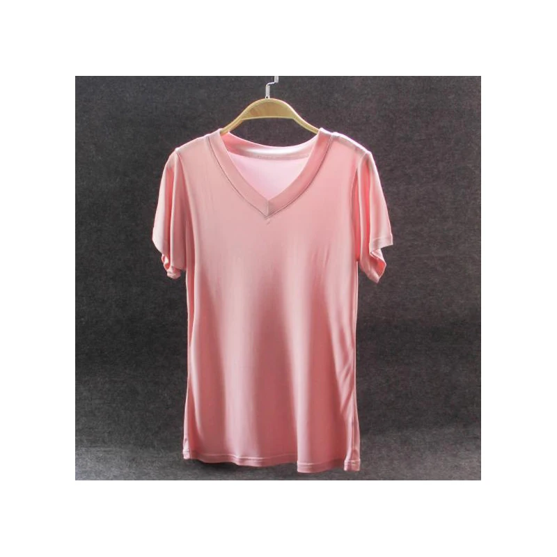

Silk Knitted Short Sleeve Shirt Women Tank Top Basic V Neck Line Summer Shirts Solid Color Top Fashion Style Free Shipping